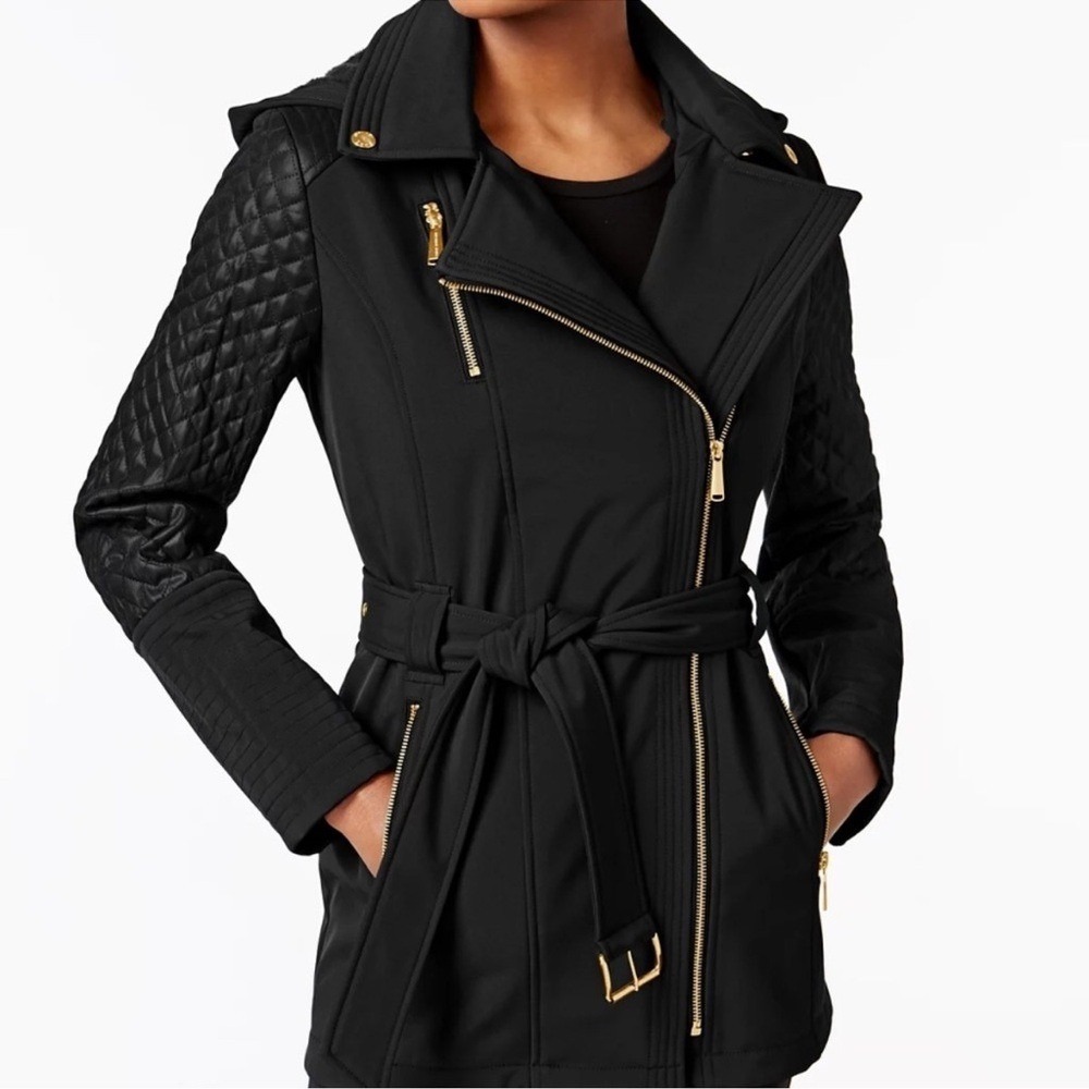 Michael Kors Jacket Womens L Softshell Moto Black Quilted Belted EUC